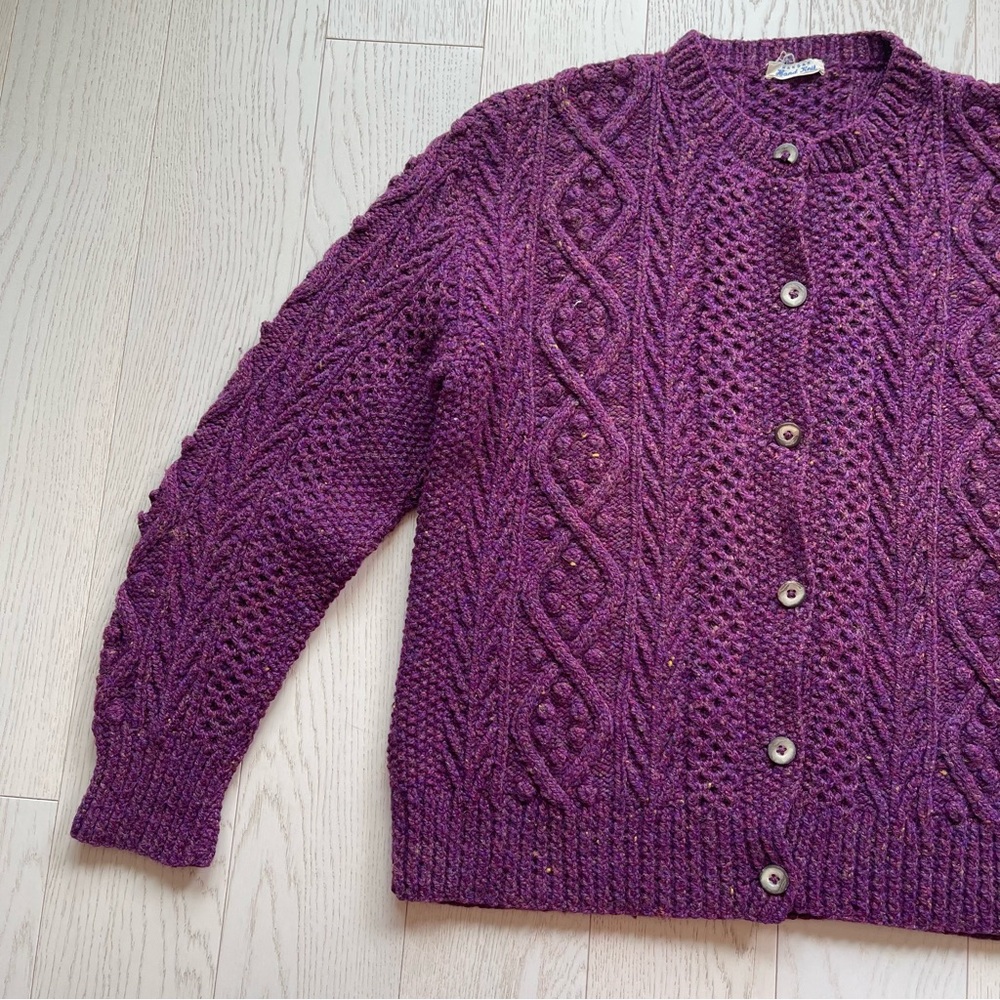 Vintage Mandan Hand Knit 100% Wool Cable Aran Fisherman Chunky Sweater Cardigan - Picture 4 of 14